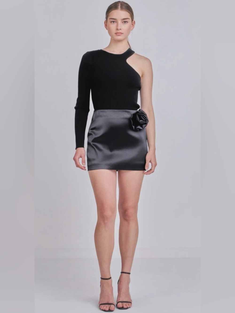 Endless Rose Corsage Satin Mini Skirt Black